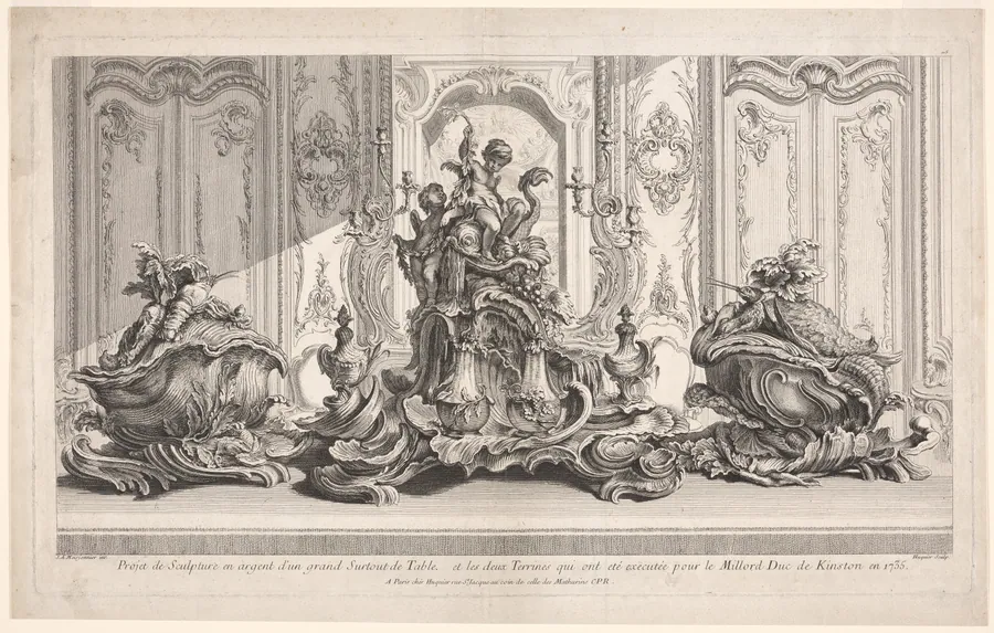 Silver Sculptural Project for a Large Centerpiece and Two Tureens Which Have Been Executed for His Lordship the Duke of Kingston, plate 115 from Works of Juste-Aurèle Meissonier (Oeuvre de Juste-Aurèle Meissonier) by Gabriel Huquier