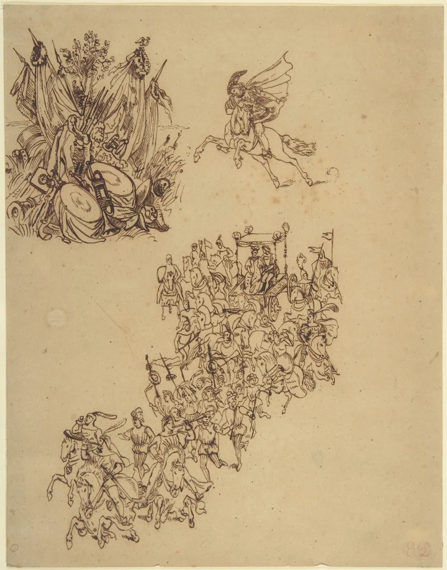 Sheet of Studies:  A Marriage Procession in Sixteenth-Century Dress; a Cavalier; and a Trophy of Arms by Eugène Delacroix