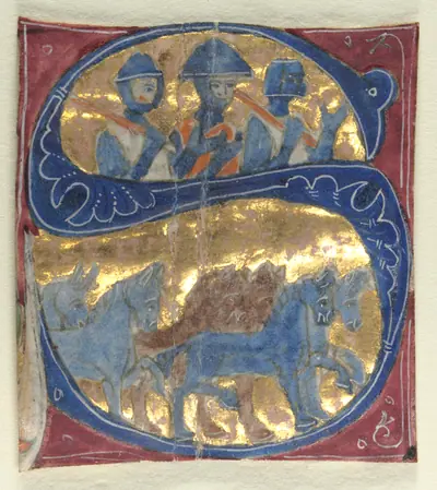 Historiated Initial (S) Excised from a Bible: Soldiers and Horses