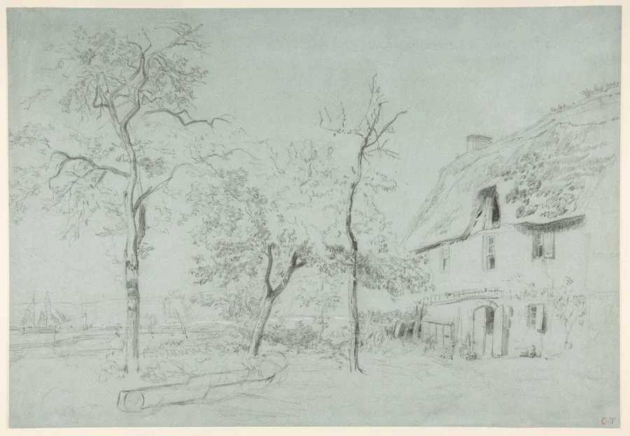 A Farmhouse with a Thatched Roof and Trees Beside a River by Constant Troyon