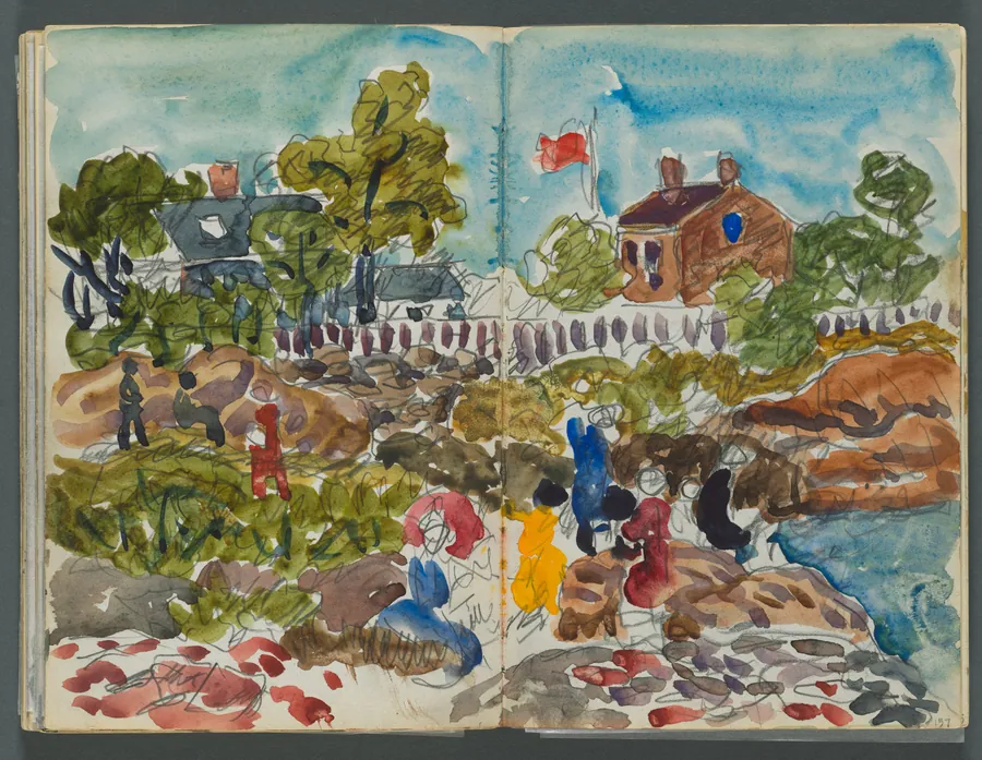 Sketchbook, The Dells, N° 127, page 156 & 157: Coastal Landscape with Figures by Maurice Prendergast