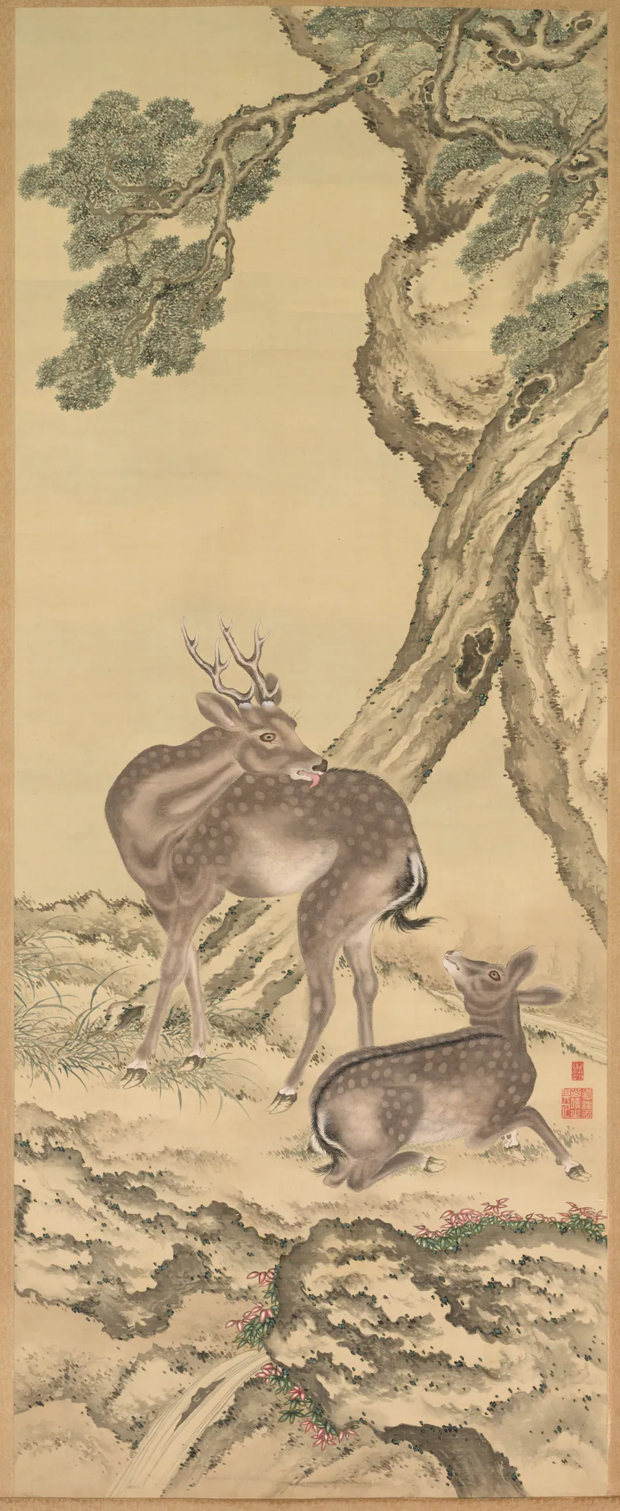 Symbols of Longevity: Deer under Peach and Pine (Peach) (left) by Toda Tadanaka