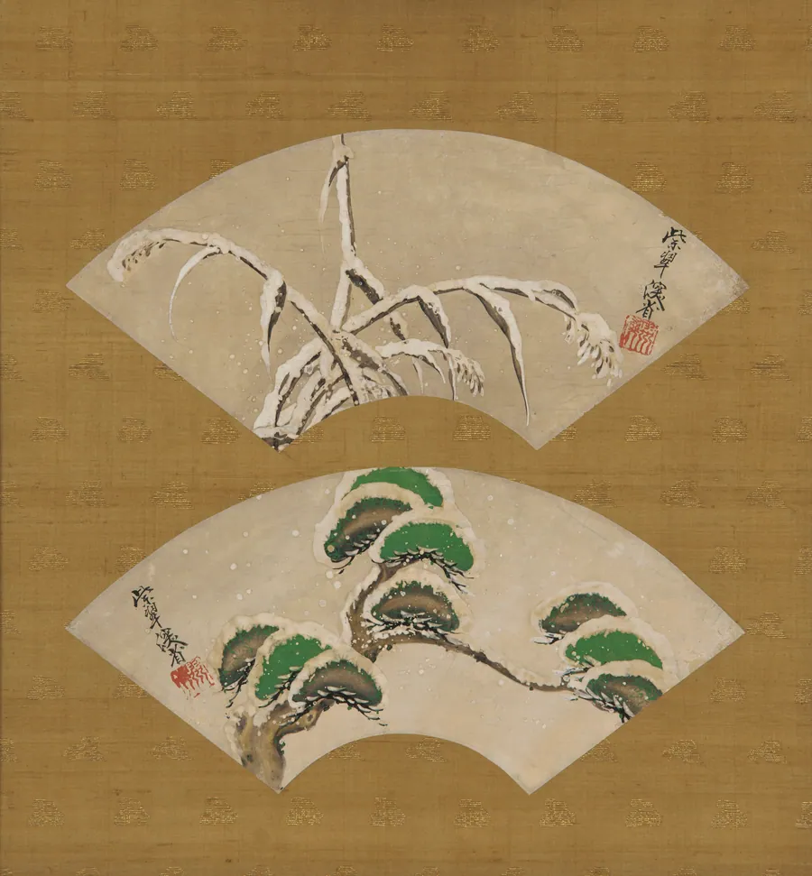 Snow-laden grasses and Snow-laden pine branches by Ogata Kenzan 尾形 乾山 (1663-1743)