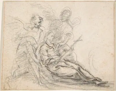 Reclining Figure of Saint Holding Cross, Supported by Two Angels (Death of the Magdalene?)