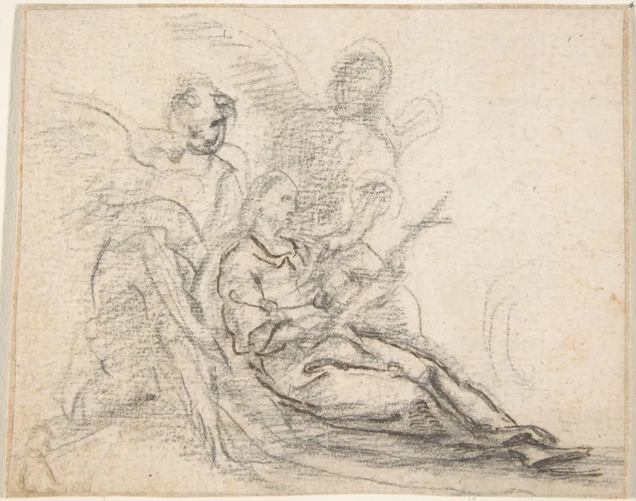 Reclining Figure of Saint Holding Cross, Supported by Two Angels (Death of the Magdalene?) by Anonymous, Spanish, School of Seville, 17th century