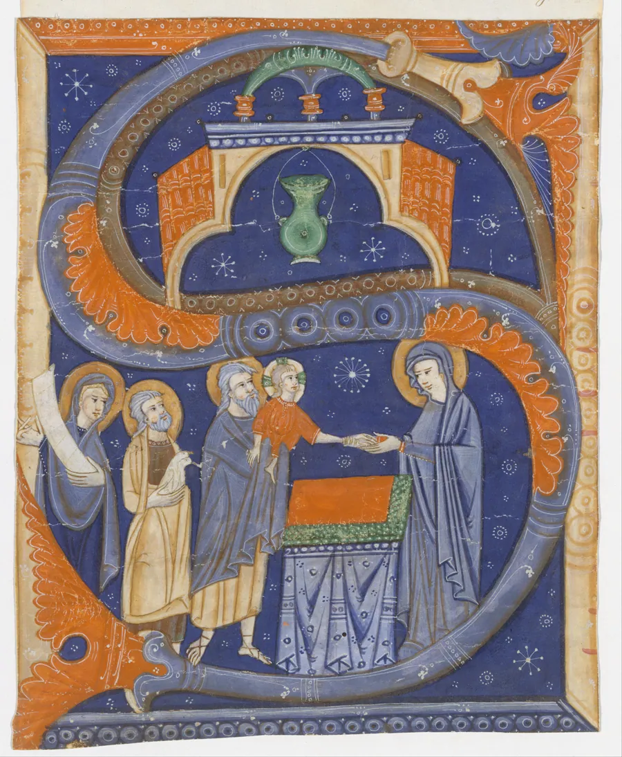 Manuscript Illumination with the Presentation of Christ in the Temple in an Initial S, from a Gradual by Master of Bagnacavallo