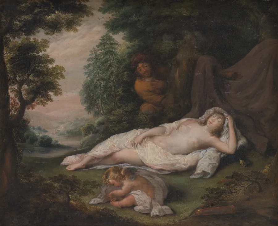 Sovende nymfe beluret af en mand by Laurentius de Neter