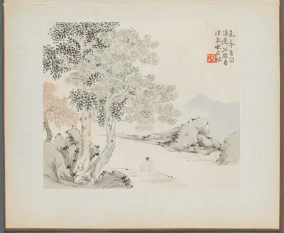 Album of Landscape Paintings Illustrating Old Poems: Three Big Trees, a Stream with an Old Man Sitting on the Bank