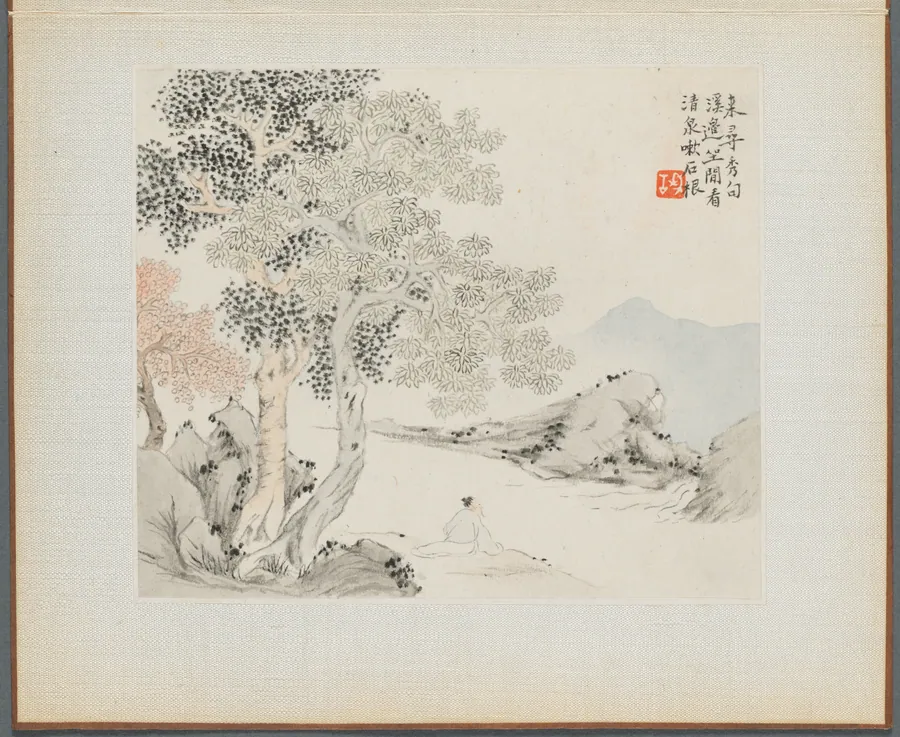 Album of Landscape Paintings Illustrating Old Poems:  Three Big Trees, a Stream with an Old Man Sitting on the Bank by Hua Yan