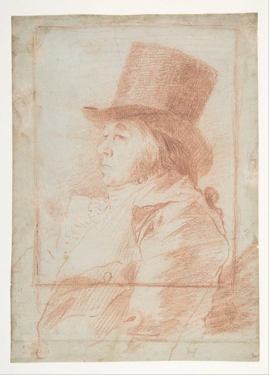 Self-Portrait; wearing a top hat facing left within a drawn frame (recto); two studies of his face (verso) by Goya (Francisco de Goya y Lucientes)