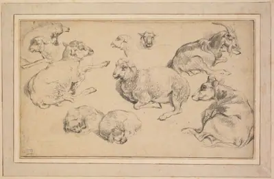 Sheet of Studies with Sheep, Goats, and Dogs