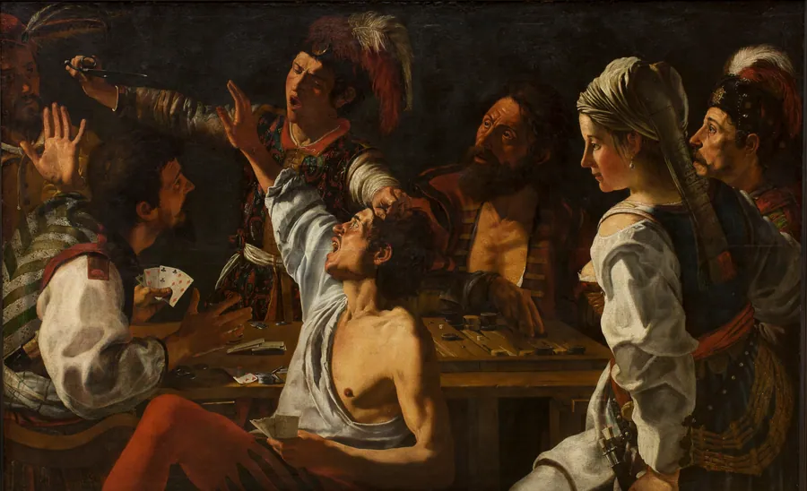 Kort- og brætspillere. Strid over et spil kort by Theodoor Rombouts