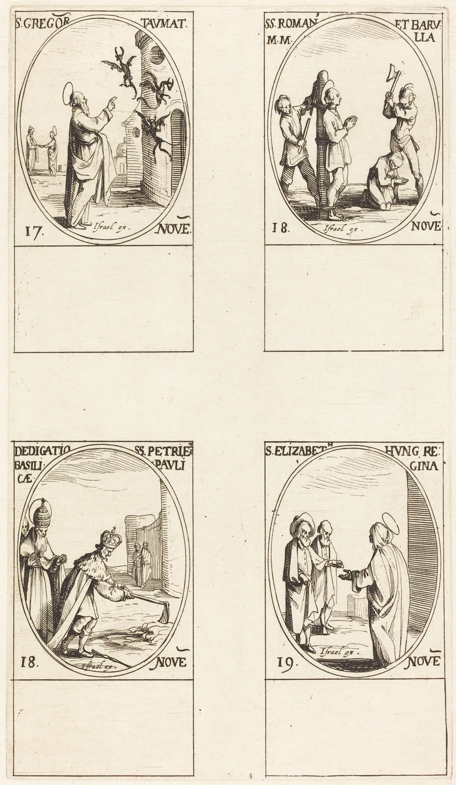 St. Gregory; Sts. Romanus & Barulla; Dedication of the Basilicas of Sts. Peter & Paul; St. Elizabeth by Jacques Callot