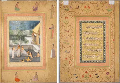 Leaf from the Late Shah Jahan Album: Harem Night-Bathing Scene (recto); Calligraphy Framed by an Ornamental Border of Flowers and Birds (verso)