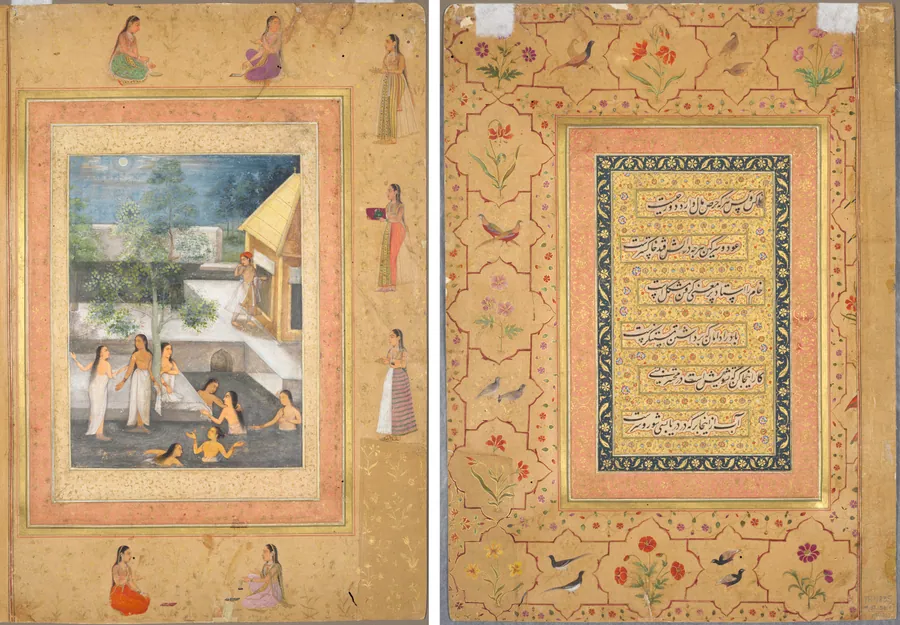Leaf from the Late Shah Jahan Album: Harem Night-Bathing Scene (recto); Calligraphy Framed by an Ornamental Border of Flowers and Birds (verso)