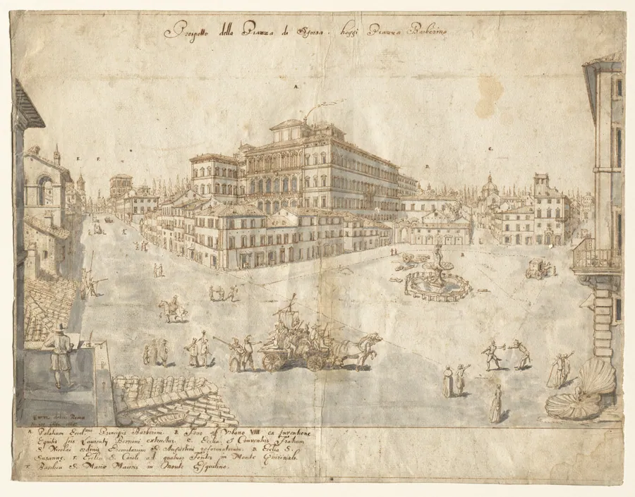 Eighteen Views of Rome: The Piazza Barberini (recto) by Lievin Cruyl