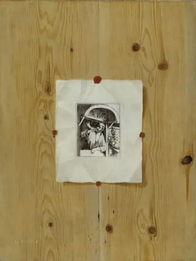 Trompe l´oeil. Bræddevæg med en radering af en bager, der blæser i sit horn.