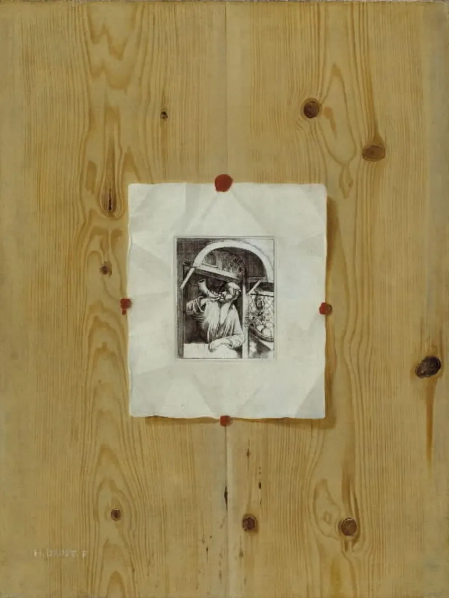 Trompe l´oeil. Bræddevæg med en radering af en bager, der blæser i sit horn. by H. Drost