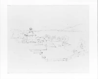 View from Lake House: School, Barn and Church (from Sketchbook)
