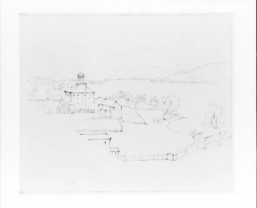 View from Lake House: School, Barn and Church (from Sketchbook) by John William Casilear