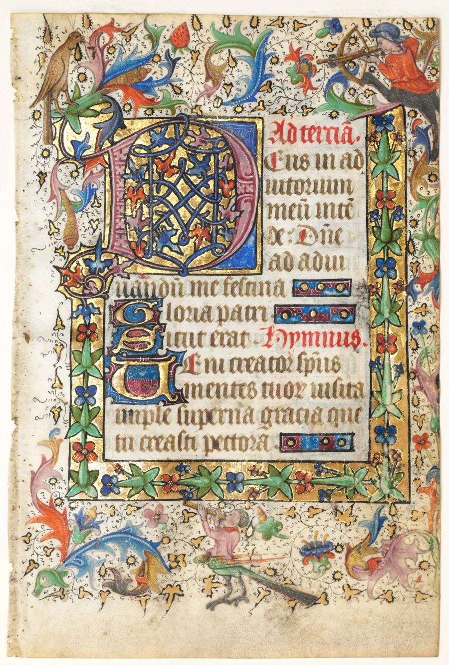 Leaf from a Book of Hours: Decorated Initial D[eus] with Foliated Border (Opening of Terce: Hours of the Holy Spirit) by Master of Guillebert de Mets