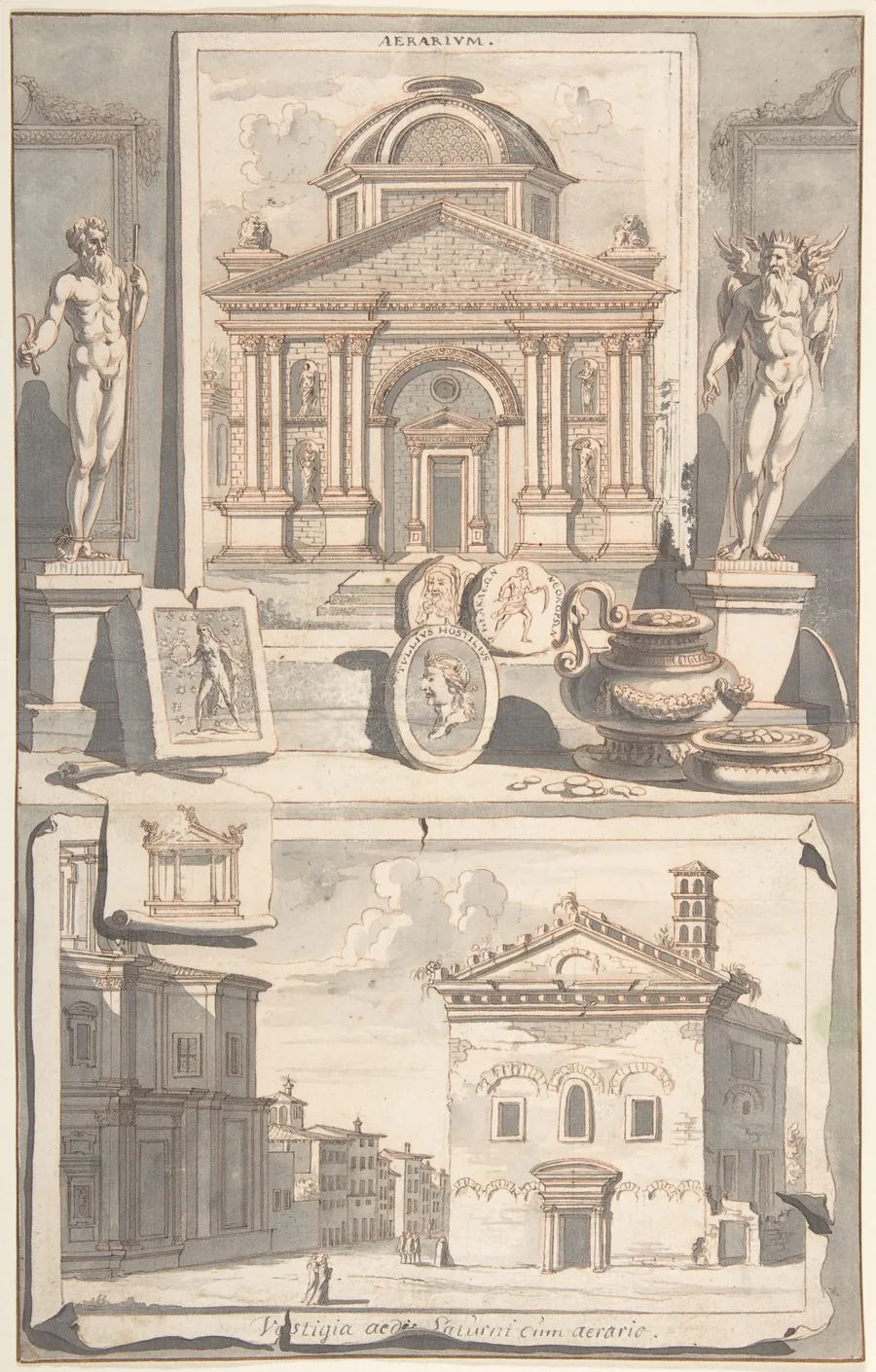A Reconstruction of the Aerarium (above) and a View of the Ruins (below) by Jan Goeree