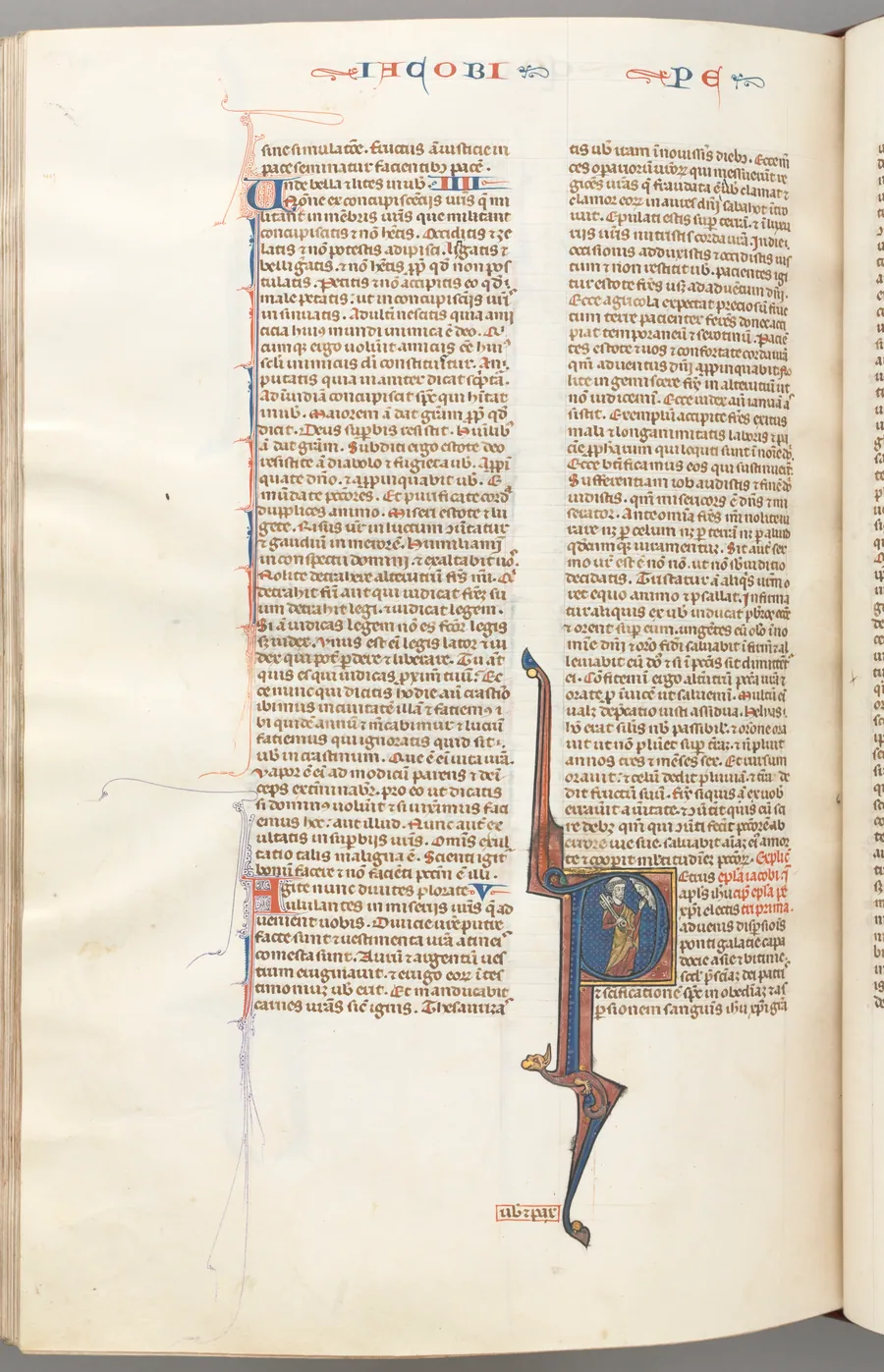 Fol. 477v, Peter, historiated initial P, Peter with a key, talking to the bust of God above