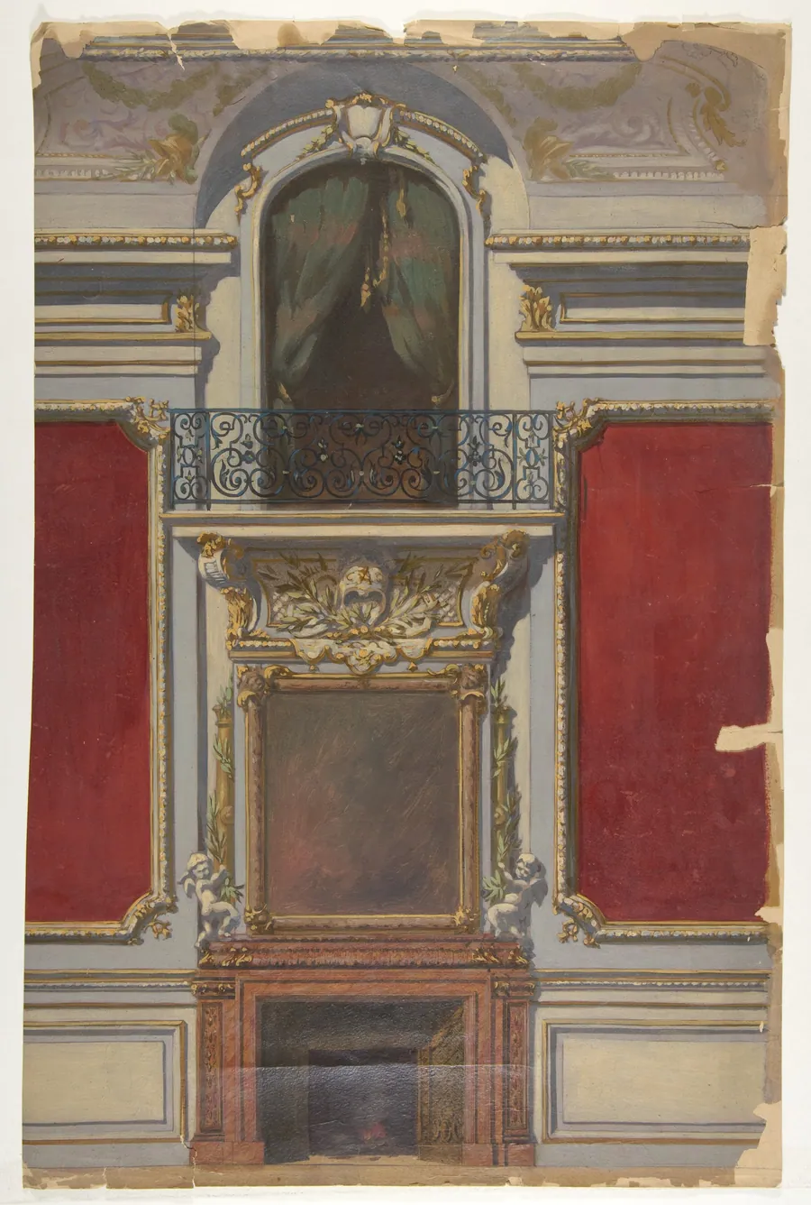 Elevation of an interior with a chimneypiece surmounted by a mirror and a second floor balcony by Jules-Edmond-Charles Lachaise