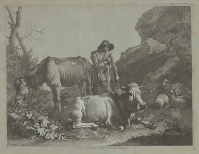 Shepherd Resting on a Walking Stick with an Old Horse and a Reclining Bull