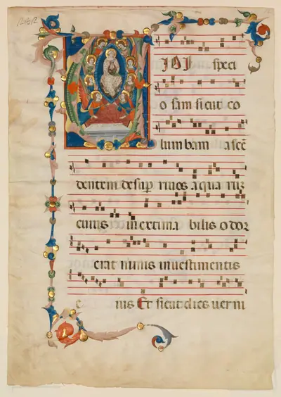 Manuscript Leaf with the Assumption of the Virgin in an Initial V, from an Antiphonary