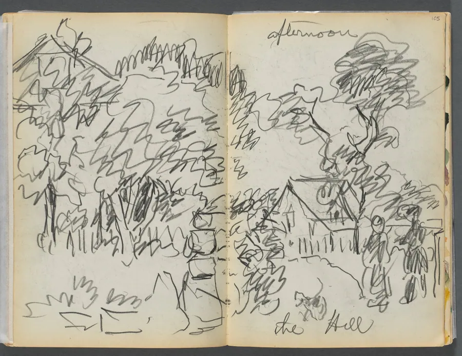 Sketchbook- The Granite Shore Hotel, Rockport, page 104- 105: "Afternoon , the hill" by Maurice Prendergast