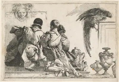 Kneeling Pages, a Mask, and a Parrot