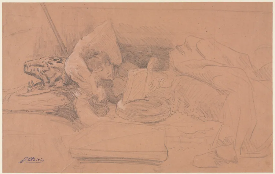 Sarah Bernhardt Reclining on a Divan, Reading by Georges-Jules-Victor Clairin