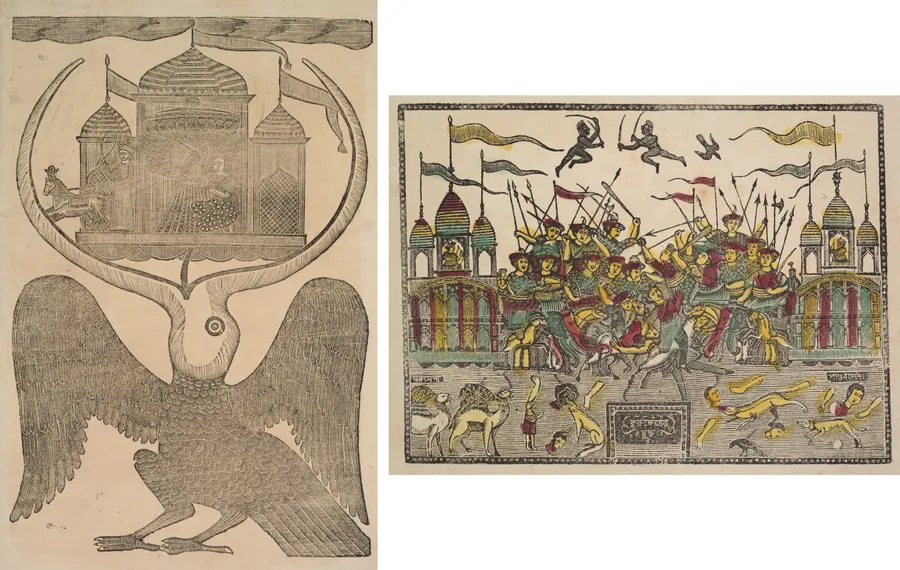 Leaf from a Kalighat album: Jatayu hinders Ravana’s chariot trying to prevent Sita’s abduction (recto); Battle Scene at Kurukshetra from the Mahabharata War (verso) by Shri Gobinda Chandra Roy