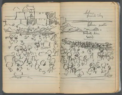 Sketchbook, page 108 &109: Beach View with color notations