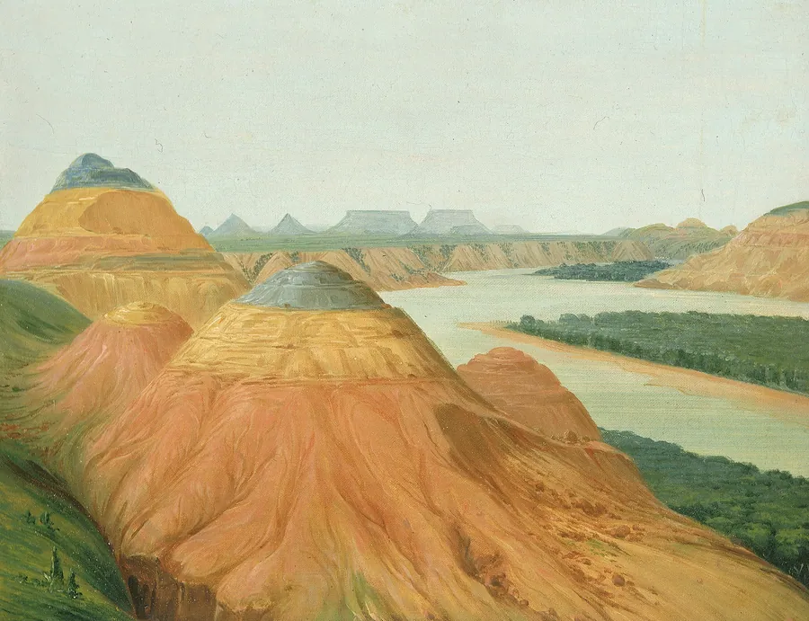 View in the Big Bend of the Upper Missouri by George Catlin, born Wilkes-Barre, PA 1796-died Jersey City, NJ 1872