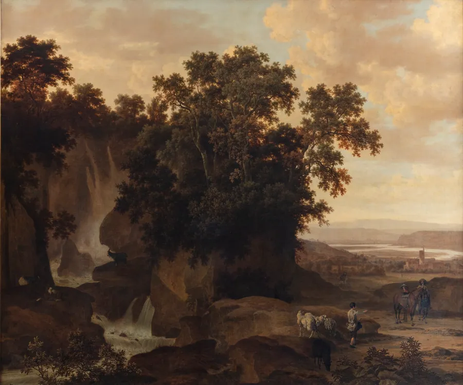 Træbevoksede klipper med et vandfald by Johan le Ducq