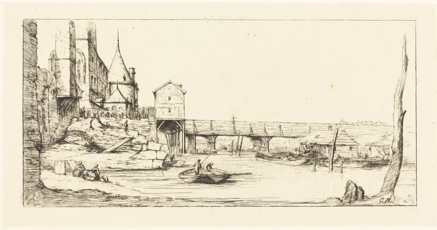 Passerelle du Pont-au-Change, Paris, après l'Incendie de 1621 (Footbridge Temporarily Replacing the Pont-au-Change, Paris, after the Fire of 1621) by Charles Meryon