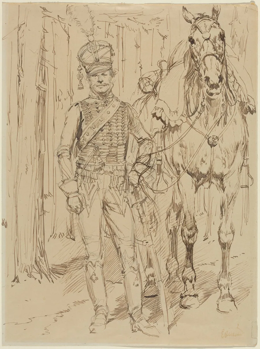A French Hussar Leading a Horse by Jean-Baptiste Edouard Detaille