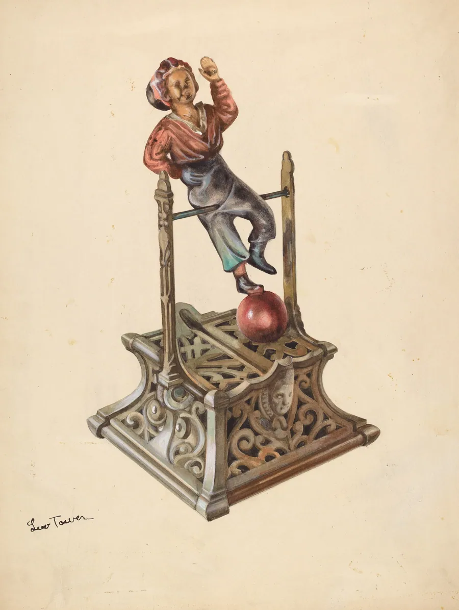 Metal Toy Bank: Boy on Bar by Lew Tower