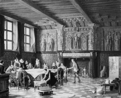 Et krigsråd i Salle des Francs i Brügge omkring år 1600