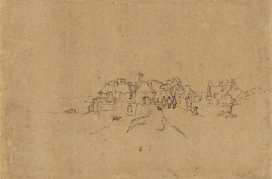 Figures on the Anthoniesdijk Entering Houtewael [verso] by Rembrandt van Rijn