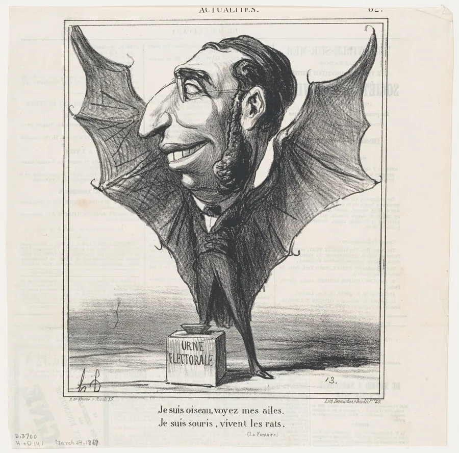 I am a bird, see my wings. I am a bat, long live the rats (La Fontaine), from 'News of the day,' published in Le Charivari, March 24, 1869 by Honoré Daumier
