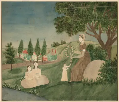 Mother and Three Children Making a Floral Wreath
