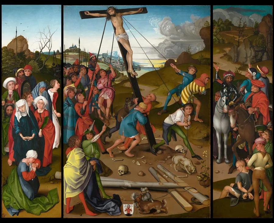 The Raising of the Cross [center, left, and right panels] by Master of the Starck Triptych