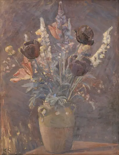 Lervase med tulipaner og andre blomster