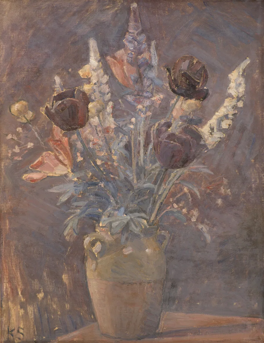 Lervase med tulipaner og andre blomster by Karl Schou