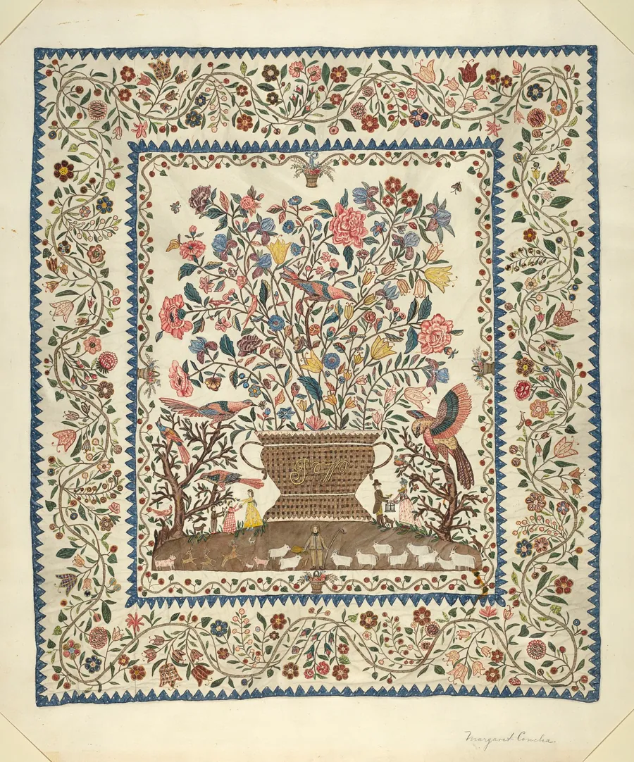 Applique and Embroidered Coverlet by Margaret Concha