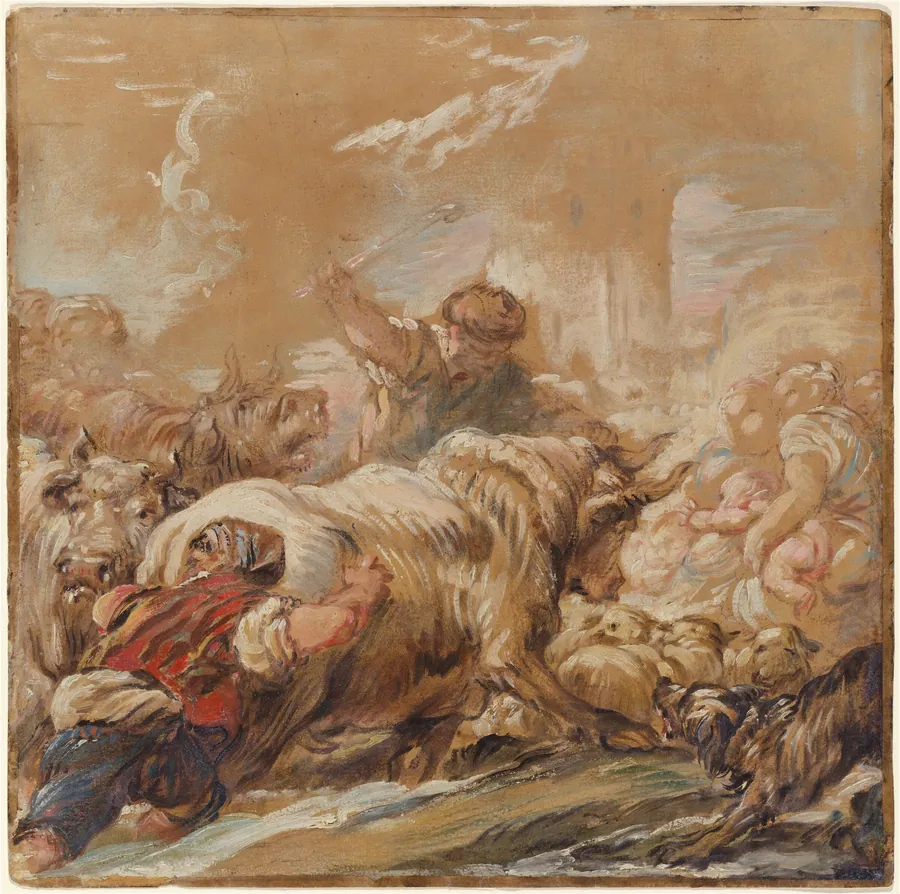 Herdsmen Driving Cattle across a Stream by Jean-Baptiste Deshays