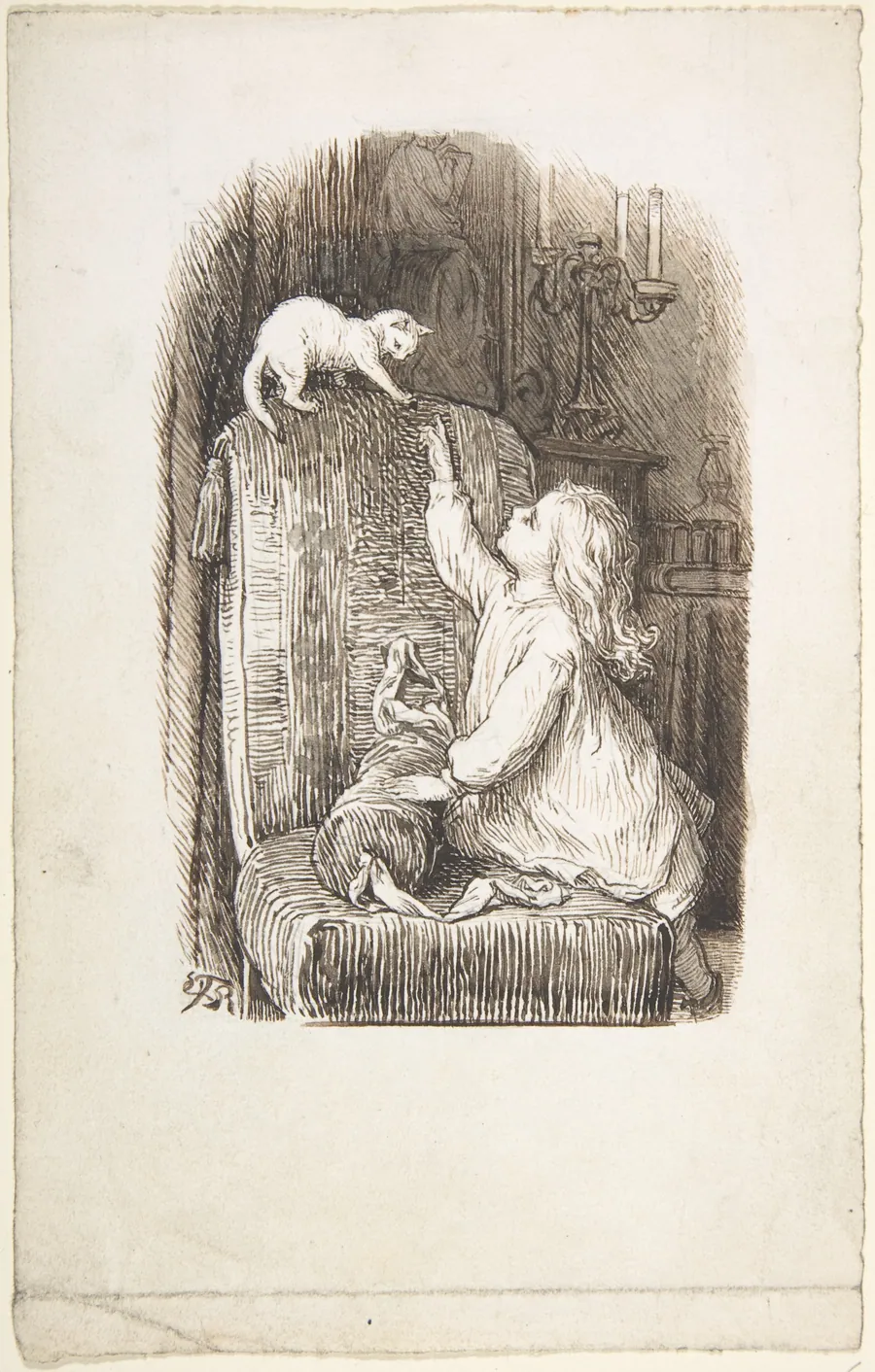 Child Climbing a Chair to Reach for a Kitten by Lorenz Frølich